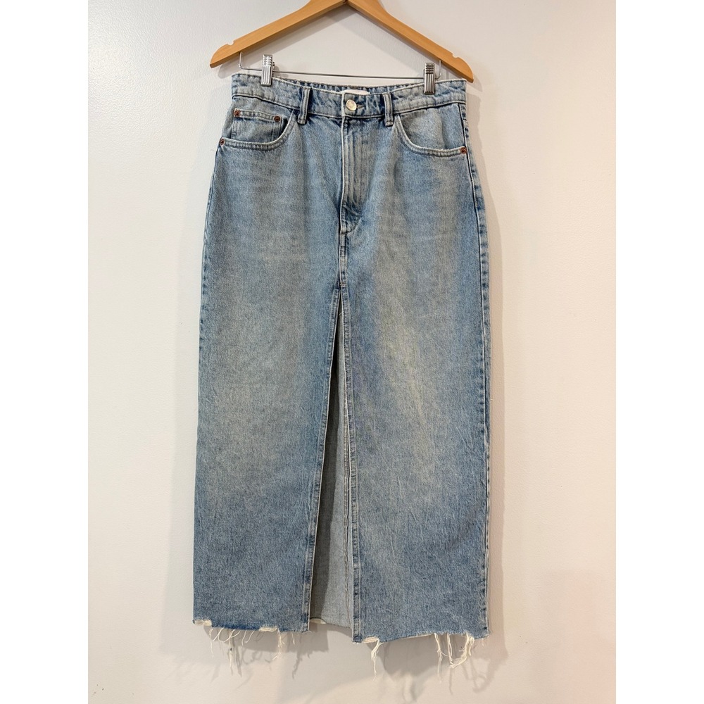 Zara Size Large Denim Jean Skirt High Rise Midi Pencil Front Slit Blogger Fave